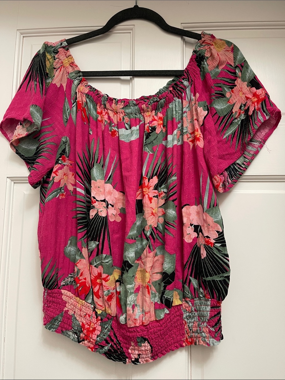 RACHEL Rachel Roy Fuchsia Pink Tropical Floral Off-Shoulder Top
